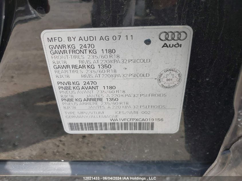 2012 Audi Q5 VIN: WA1VFCFPXCA019156 Lot: 12021433