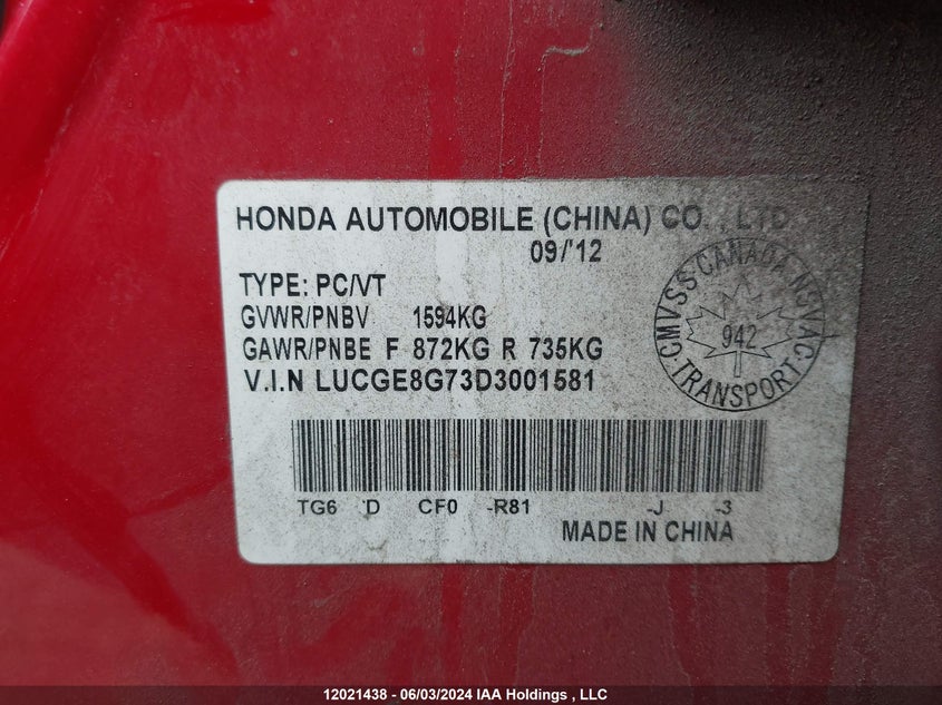 2013 Honda Fit VIN: LUCGE8G73D3001581 Lot: 12021438