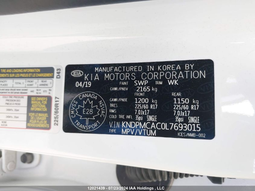 2020 Kia Sportage Lx VIN: KNDPMCAC0L7693015 Lot: 12021439