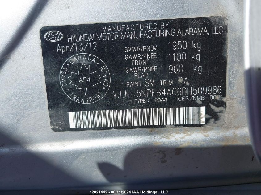 2013 Hyundai Sonata Gls VIN: 5NPEB4AC6DH509986 Lot: 12021442