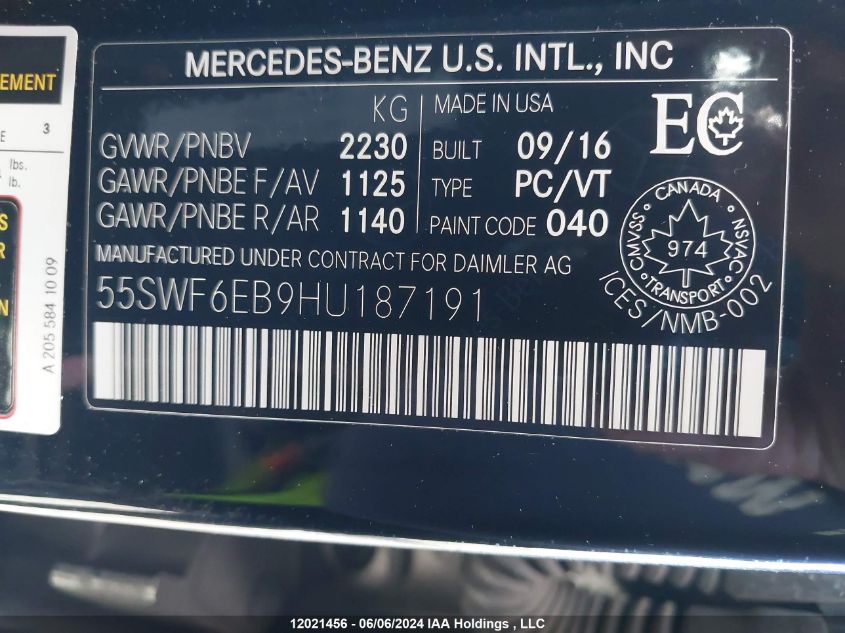 2017 Mercedes-Benz C-Class VIN: 55SWF6EB9HU187191 Lot: 12021456