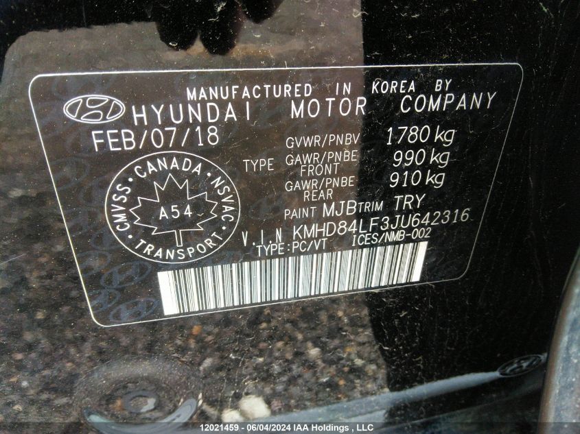 2018 Hyundai Elantra Sel/Value/Limited VIN: KMHD84LF3JU642316 Lot: 12021459