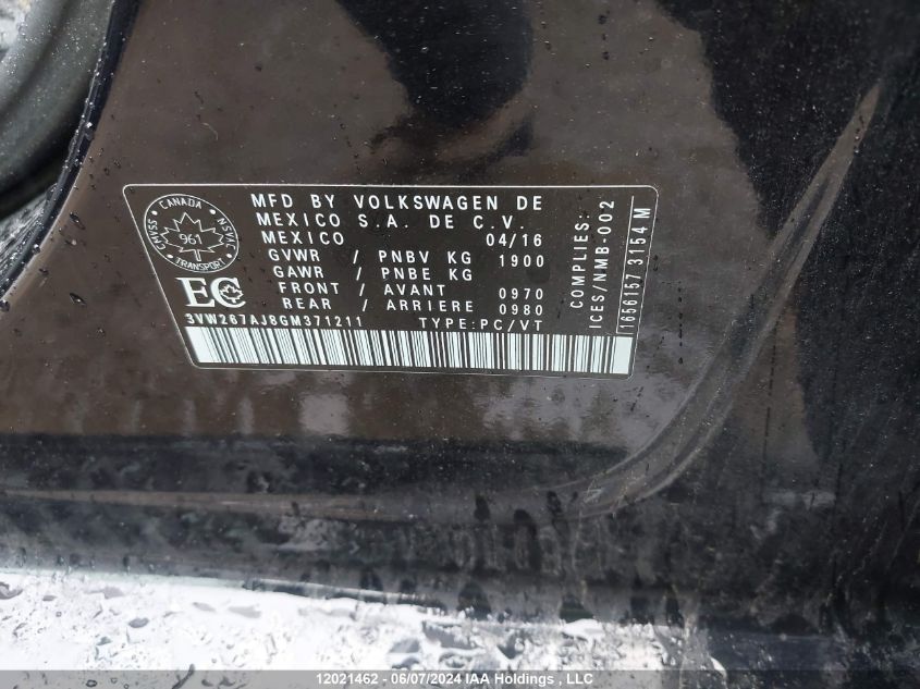 2016 Volkswagen Jetta Sedan VIN: 3VW267AJ8GM371211 Lot: 12021462