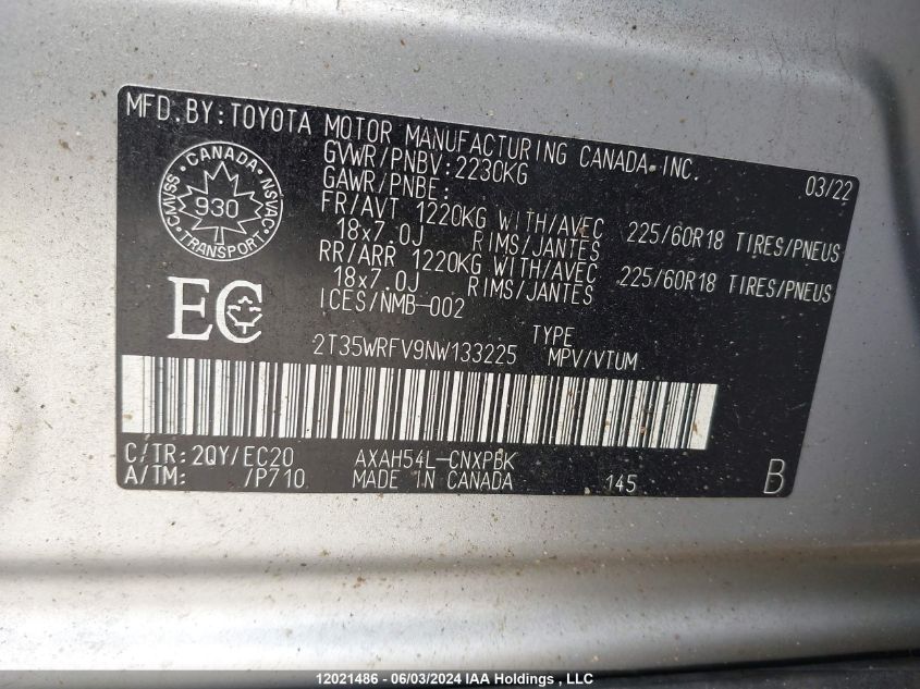 2022 Toyota Rav4 Xse VIN: 2T35WRFV9NW133225 Lot: 12021486