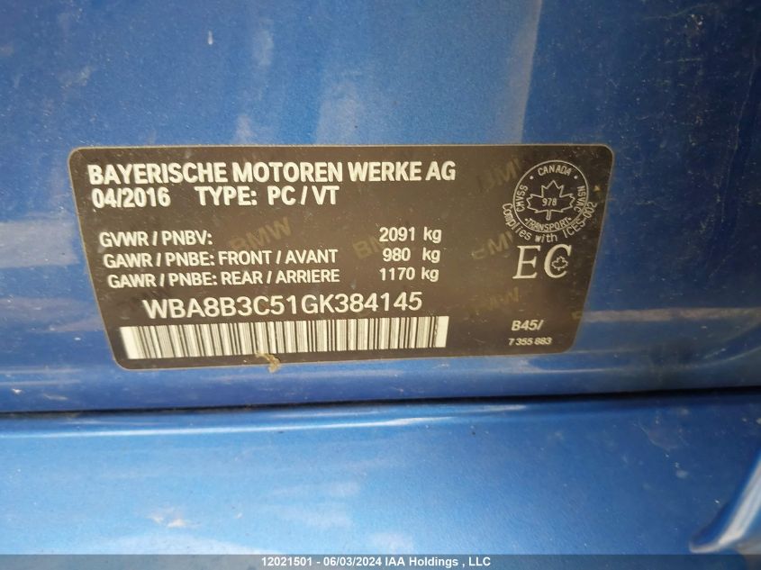 2016 BMW 3 Series VIN: WBA8B3C51GK384145 Lot: 12021501