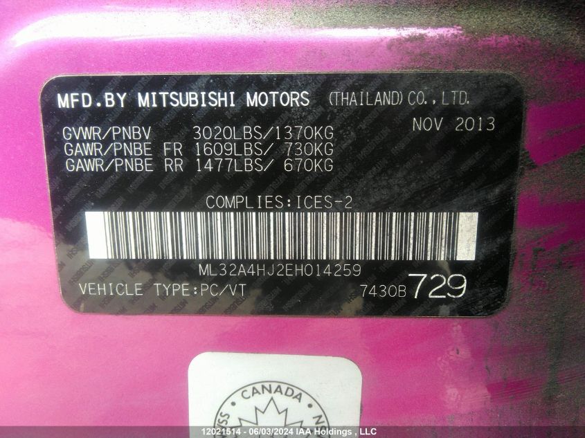 2014 Mitsubishi Mirage VIN: ML32A4HJ2EH014259 Lot: 12021514