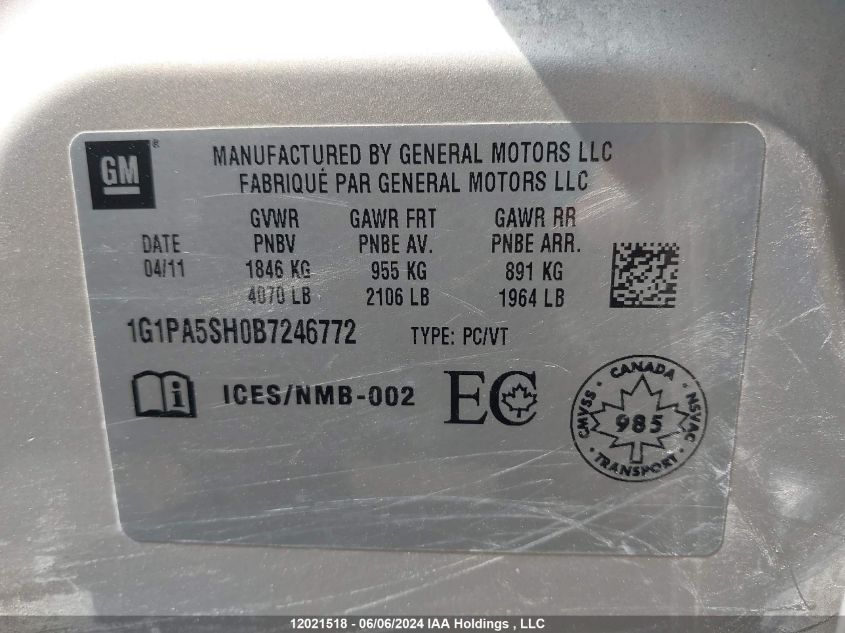 2011 Chevrolet Cruze VIN: 1G1PA5SH0B7246772 Lot: 12021518