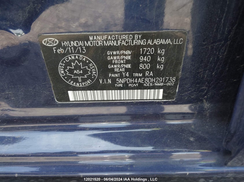 2013 Hyundai Elantra Gls/Limited VIN: 5NPDH4AE8DH291738 Lot: 12021520