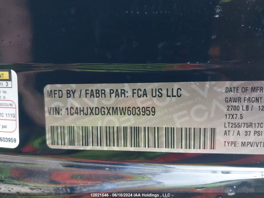 2021 Jeep Wrangler Unlimited Sport VIN: 1C4HJXDGXMW603959 Lot: 12021546