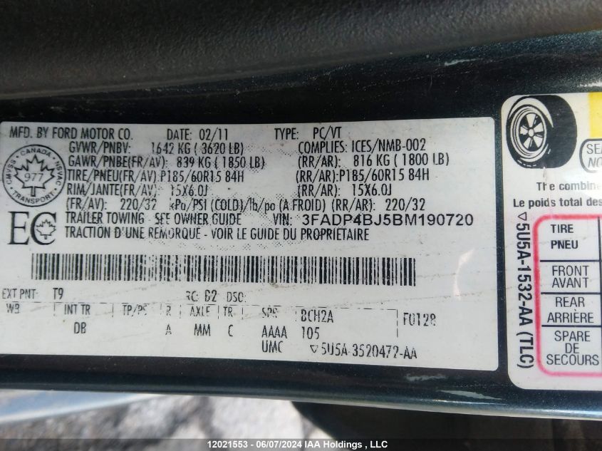 2011 Ford Fiesta Se VIN: 3FADP4BJ5BM190720 Lot: 12021553