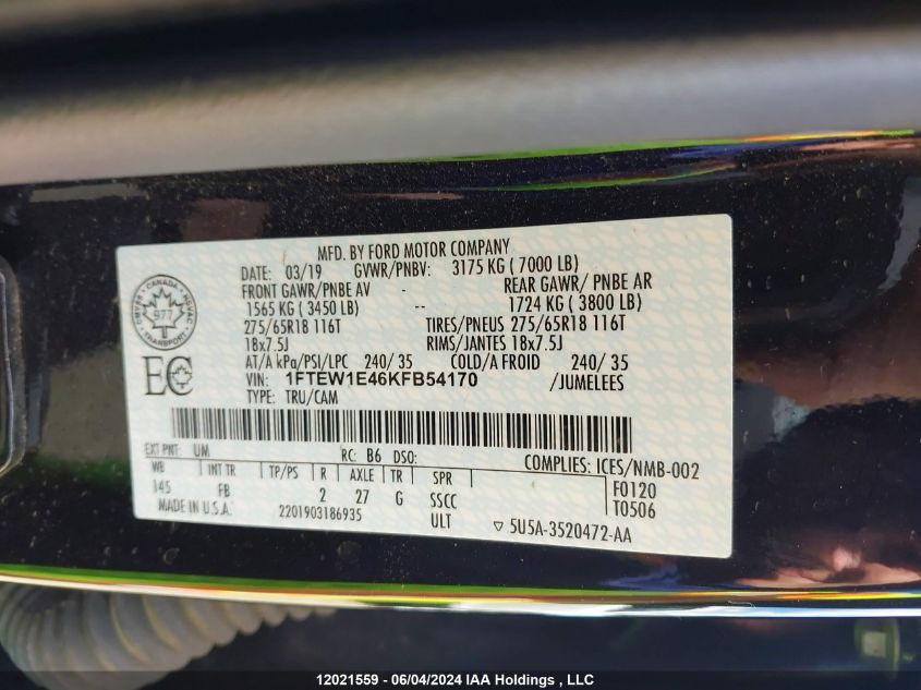 2019 Ford F150 Supercrew VIN: 1FTEW1E46KFB54170 Lot: 12021559