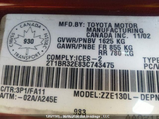 2003 Toyota Corolla Ce/Le/Sport VIN: 2T1BR32E83C743475 Lot: 12021581