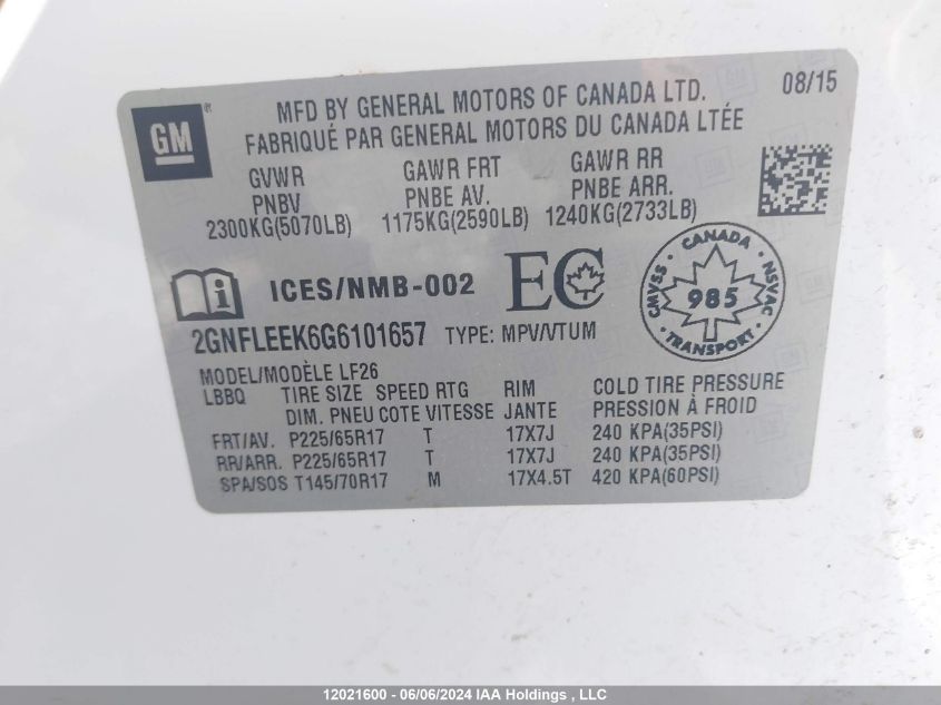 2016 Chevrolet Equinox VIN: 2GNFLEEK6G6101657 Lot: 12021600