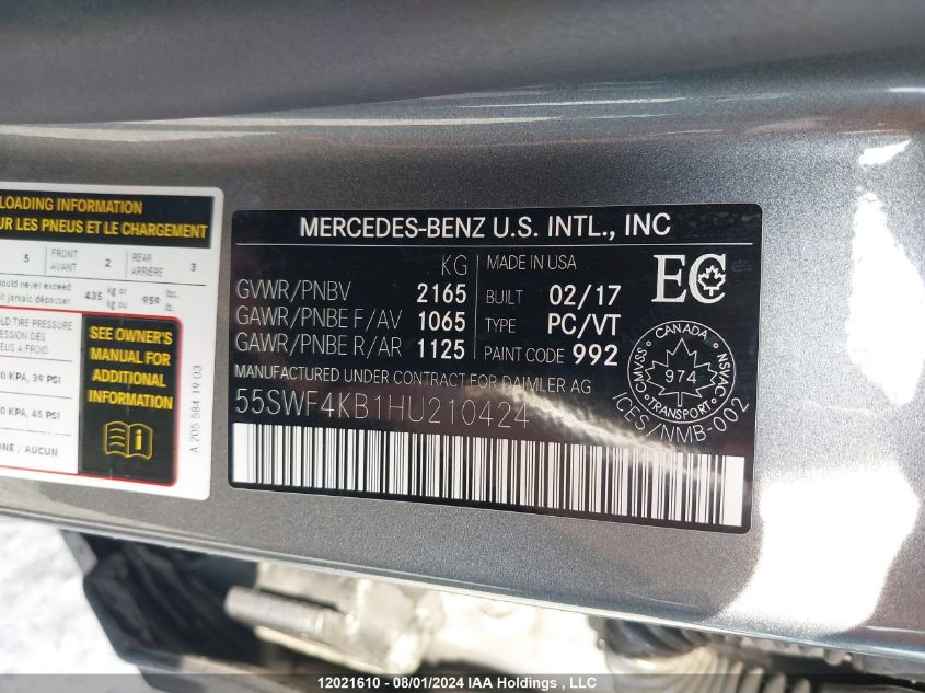 2017 Mercedes-Benz C 300 4Matic VIN: 55SWF4KB1HU210424 Lot: 12021610