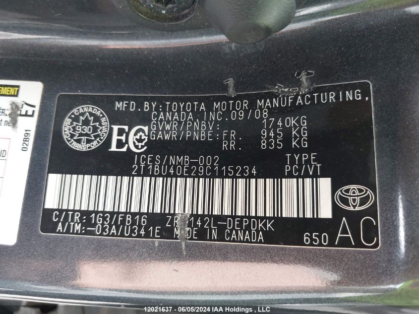 2009 Toyota Corolla S/Le/Xle VIN: 2T1BU40E29C115234 Lot: 12021637