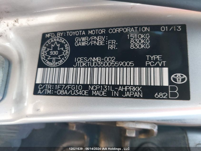 2013 Toyota Yaris VIN: JTDKTUD35DD559005 Lot: 12021639