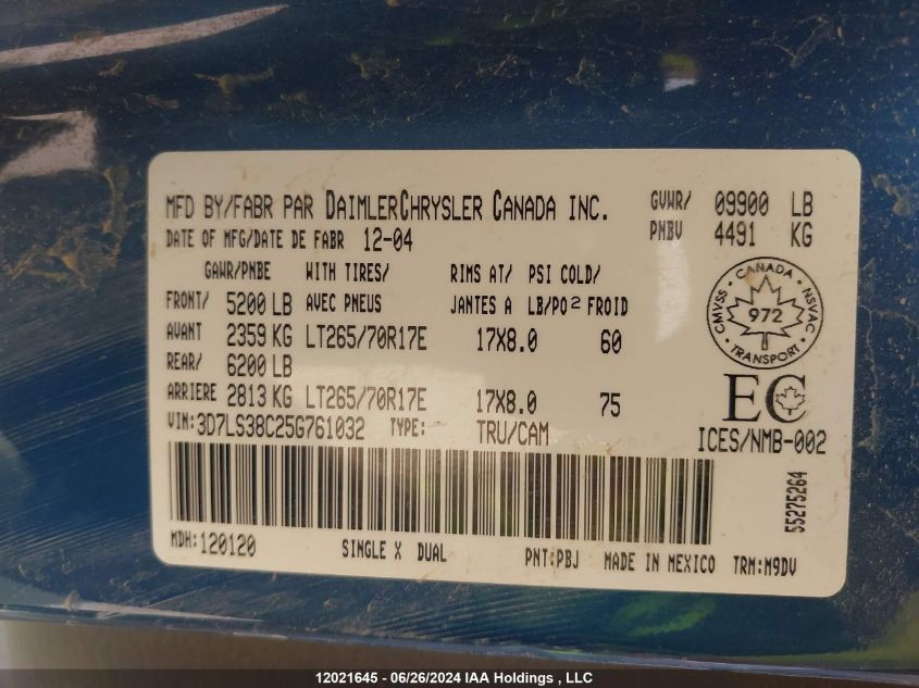 2005 Dodge Ram 3500 St/Slt VIN: 3D7LS38C25G761032 Lot: 12021645