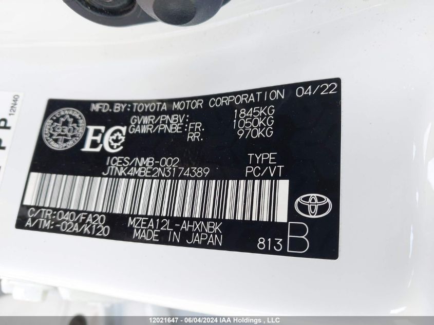 2022 Toyota Corolla VIN: JTNK4MBE2N3174389 Lot: 12021647