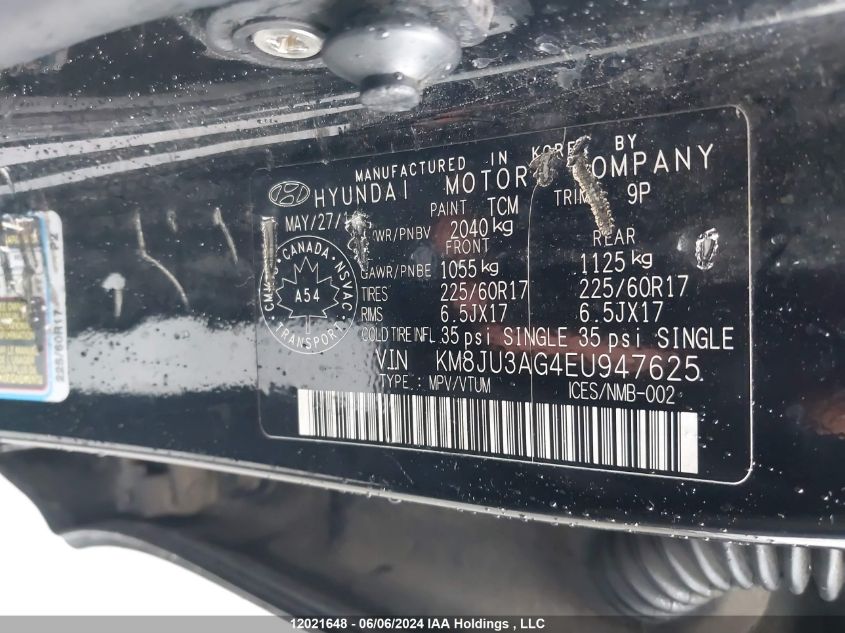 2014 Hyundai Tucson Gls VIN: KM8JU3AG4EU947625 Lot: 12021648