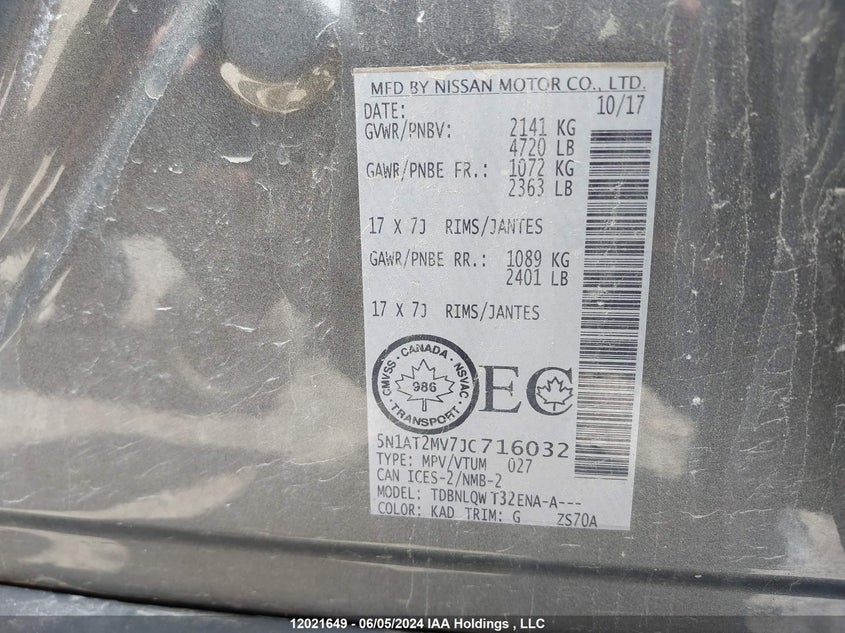 2018 Nissan Rogue Sv/Sl VIN: 5N1AT2MV7JC716032 Lot: 12021649