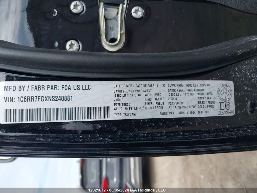 2022 Ram 1500 Classic Tradesman VIN: 1C6RR7FGXNS240881 Lot: 12021672