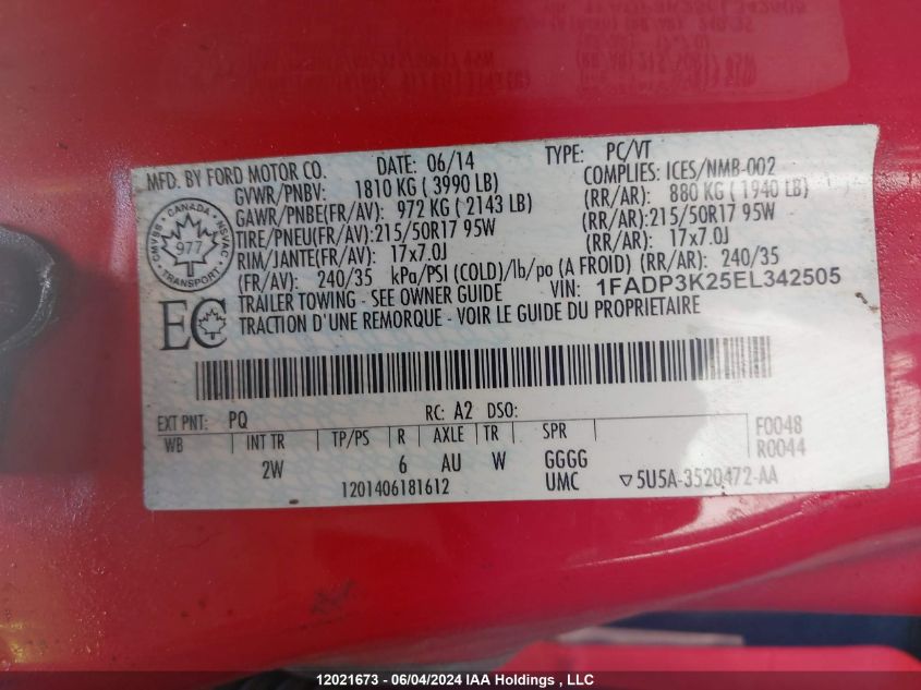 2014 Ford Focus Se VIN: 1FADP3K25EL342505 Lot: 12021673