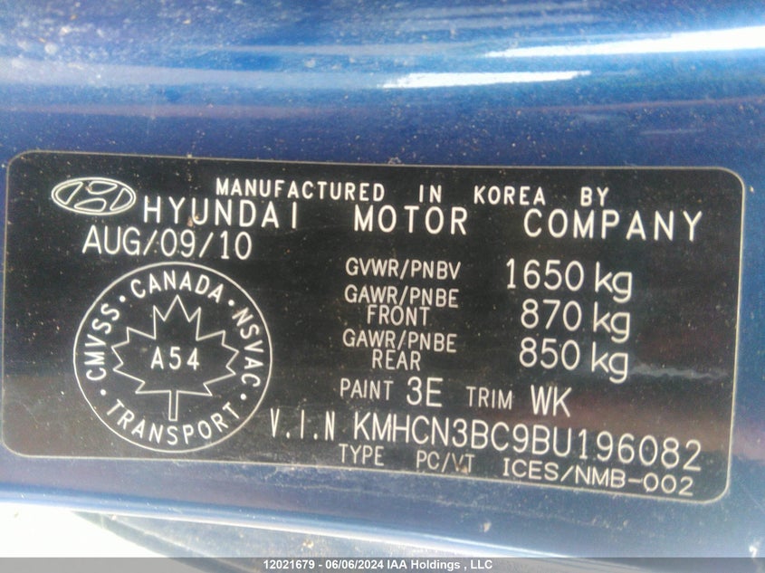 2011 Hyundai Accent Se VIN: KMHCN3BC9BU196082 Lot: 12021679