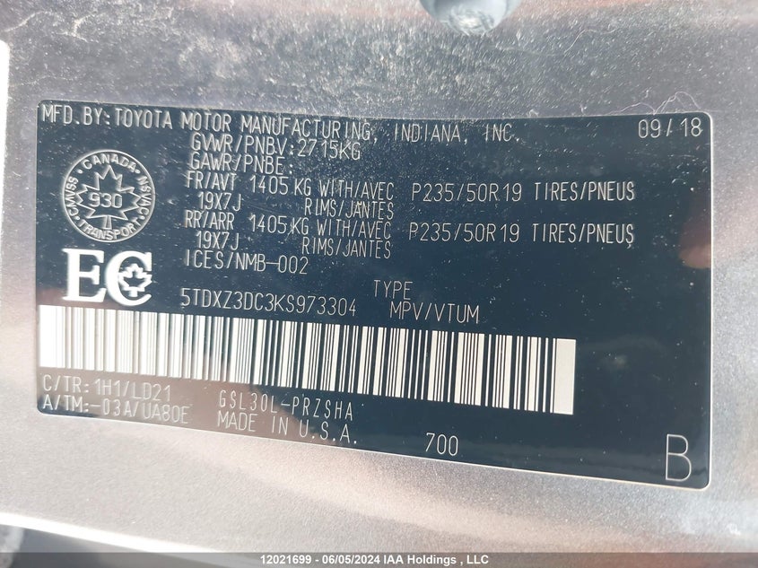 2019 Toyota Sienna Se/Se Premium VIN: 5TDXZ3DC3KS973304 Lot: 12021699