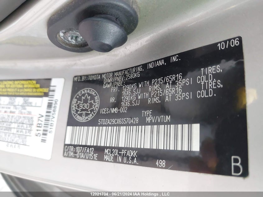 2006 Toyota Sienna Ce VIN: 5TDZA29CX6S570428 Lot: 12021704