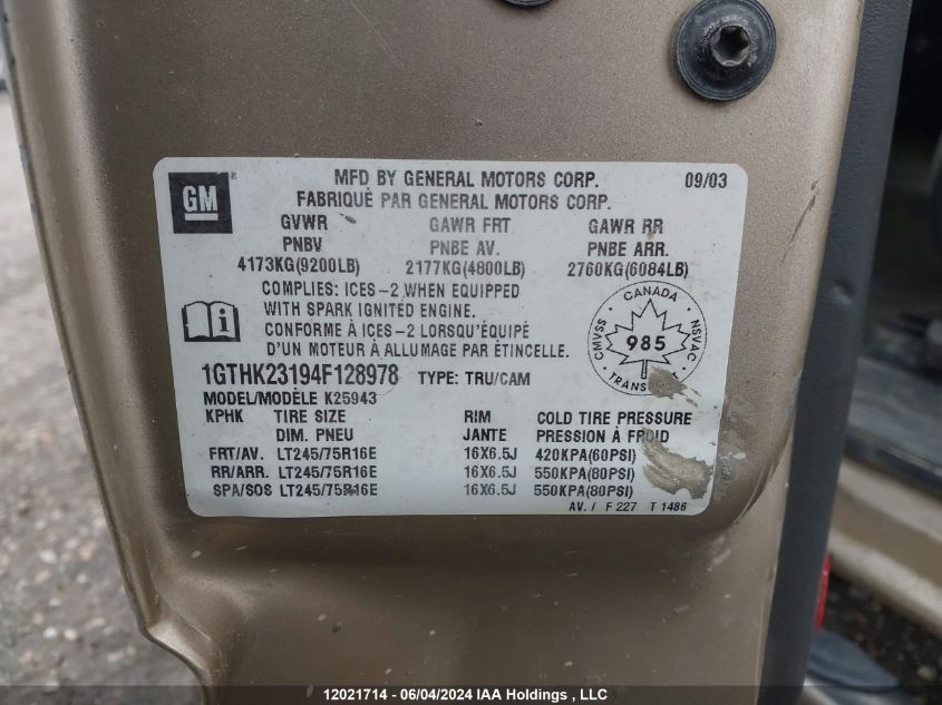 2004 GMC Sierra 2500Hd VIN: 1GTHK23194F128978 Lot: 12021714
