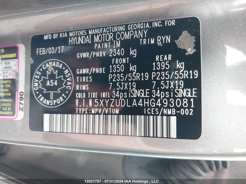 2017 Hyundai Santa Fe VIN: 5XYZUDLA4HG493081 Lot: 12021757