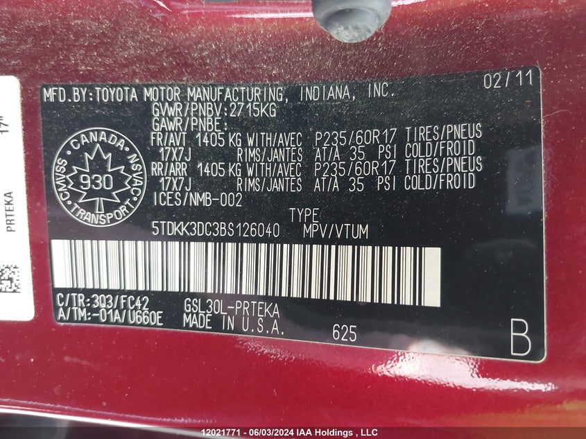 2011 Toyota Sienna Le VIN: 5TDKK3DC3BS126040 Lot: 12021771