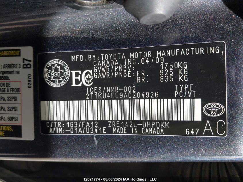 2010 Toyota Corolla Matrix VIN: 2T1KU4EE9AC204926 Lot: 12021774