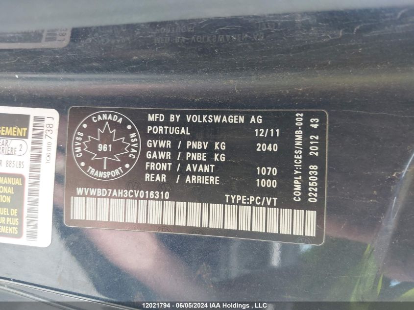 2012 Volkswagen Eos VIN: WVWBD7AH3CV016310 Lot: 12021794