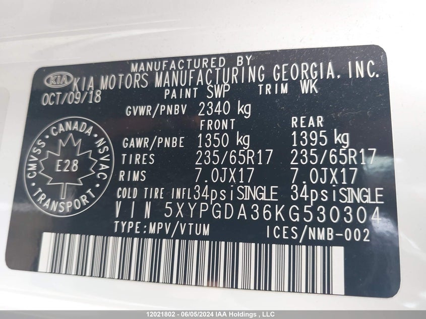 2019 Kia Sorento VIN: 5XYPGDA36KG530304 Lot: 12021802