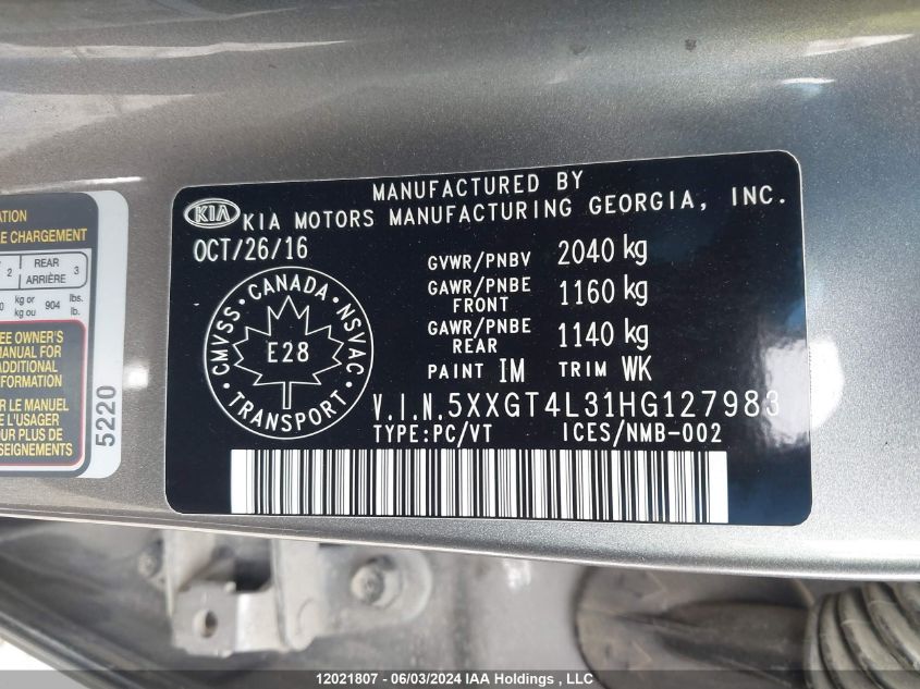 2017 Kia Optima Lx VIN: 5XXGT4L31HG127983 Lot: 12021807