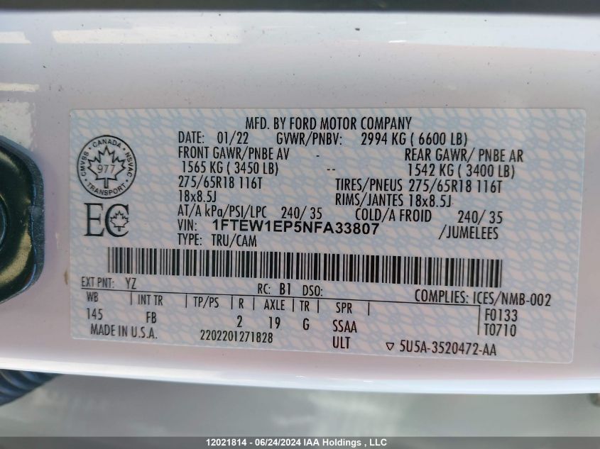 2022 Ford F150 Supercrew VIN: 1FTEW1EP5NFA33807 Lot: 12021814