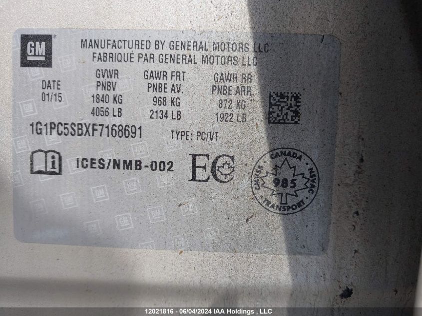 2015 Chevrolet Cruze Lt VIN: 1G1PC5SBXF7168691 Lot: 12021816