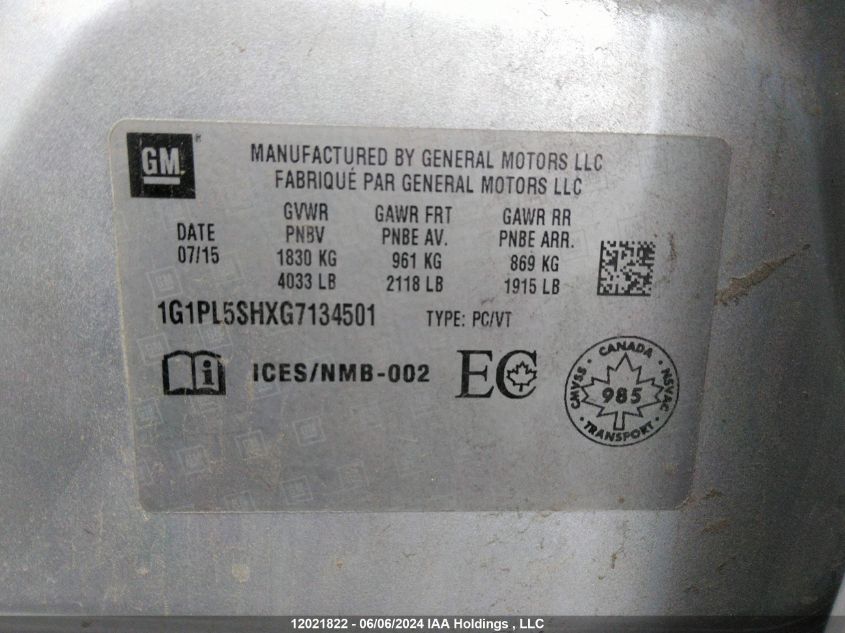 2016 Chevrolet Cruze Limited VIN: 1G1PL5SHXG7134501 Lot: 12021822