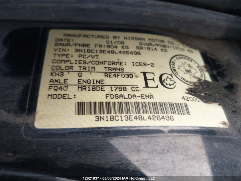 2008 Nissan Versa S/Sl VIN: 3N1BC13E48L426496 Lot: 12021837