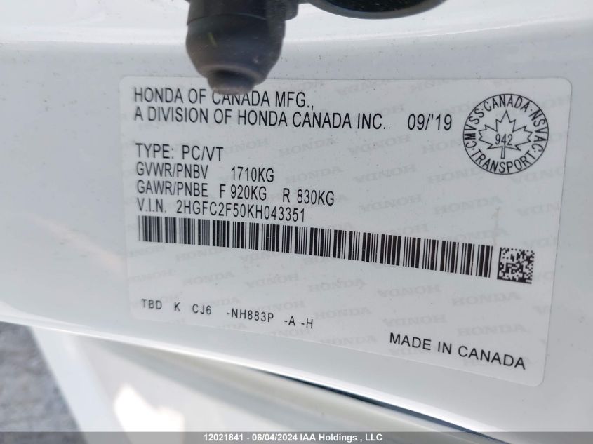 2019 Honda Civic Lx VIN: 2HGFC2F50KH043351 Lot: 12021841