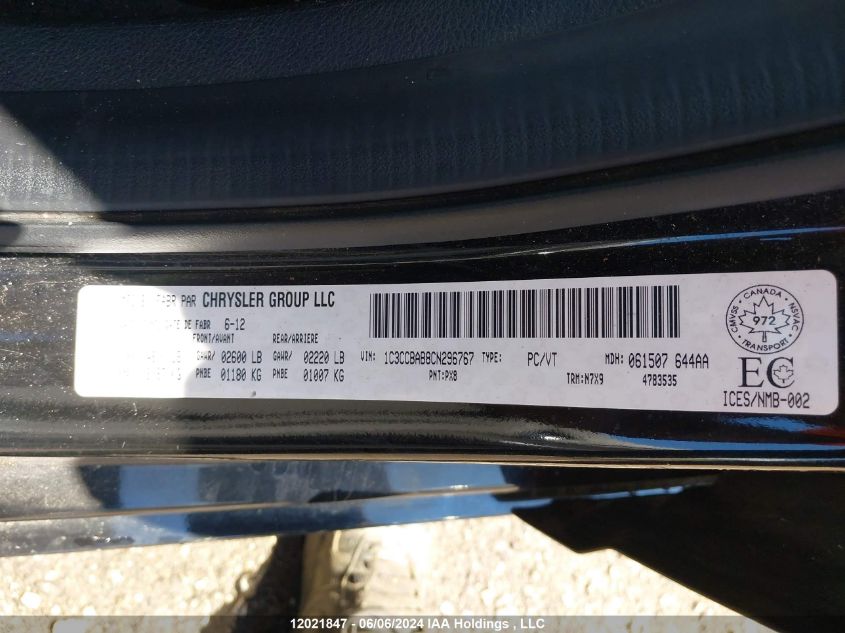 2012 Chrysler 200 Lx VIN: 1C3CCBAB8CN296767 Lot: 12021847