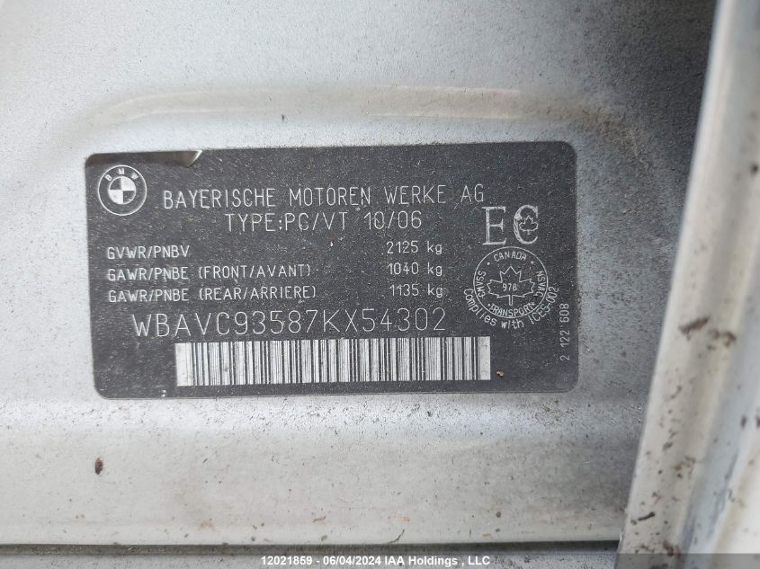 2007 BMW 3 Series VIN: WBAVC93587KX54302 Lot: 12021859