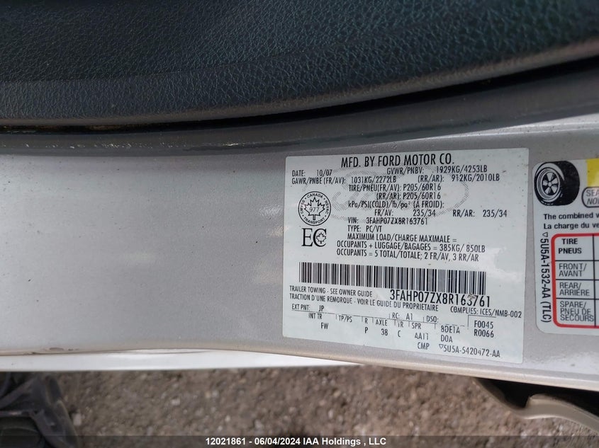 2008 Ford Fusion Se VIN: 3FAHP07ZX8R163761 Lot: 12021861