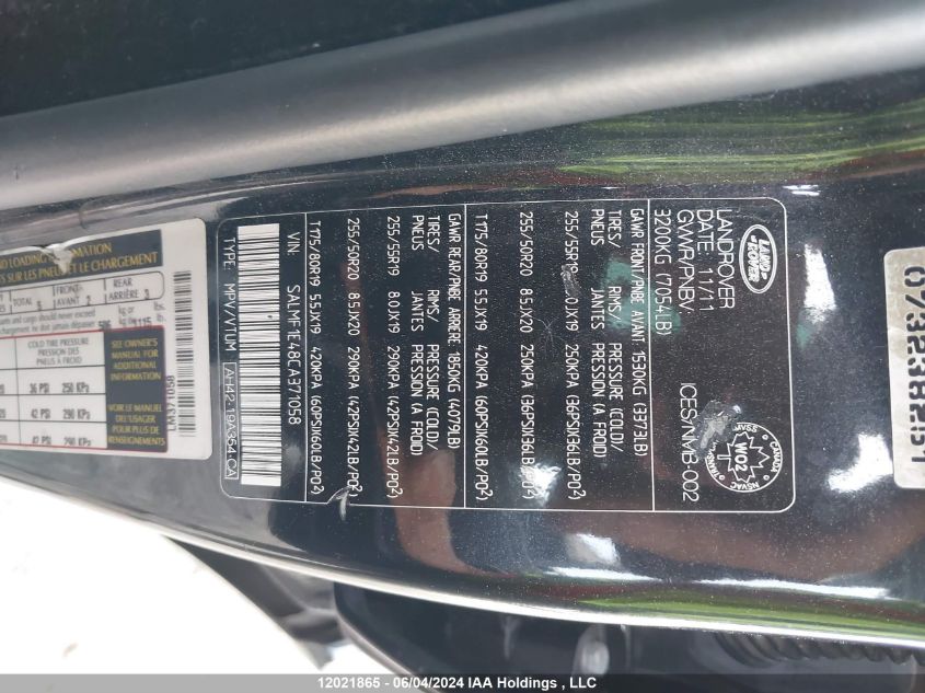 2012 Land Rover Range Rover Hse Luxury VIN: SALMF1E48CA371058 Lot: 12021865