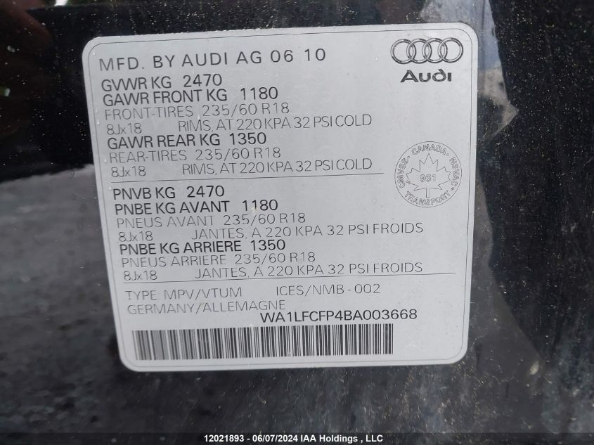 2011 Audi Q5 VIN: WA1LFCFP4BA003668 Lot: 12021893