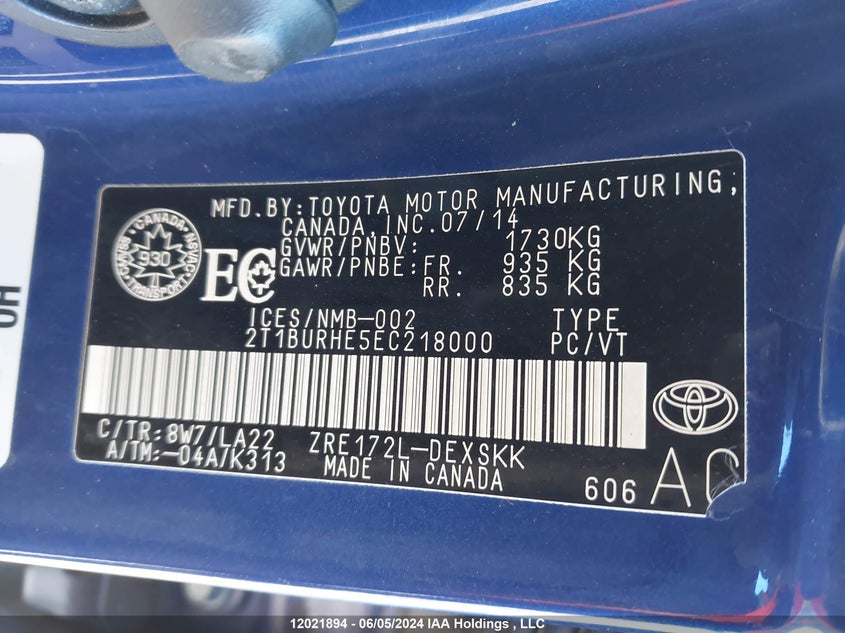 2014 Toyota Corolla Le VIN: 2T1BURHE5EC218000 Lot: 12021894