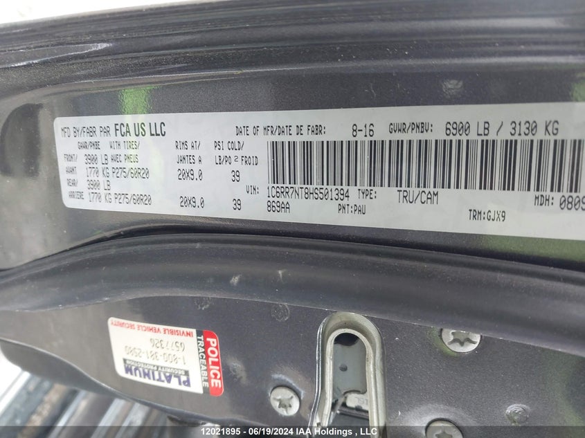 2017 Ram 1500 Laramie VIN: 1C6RR7NT8HS501394 Lot: 12021895