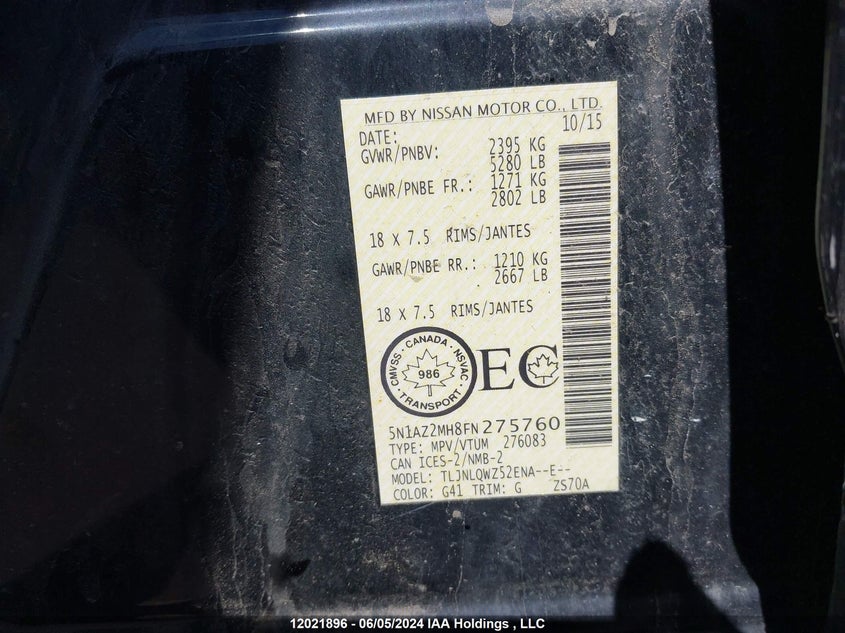 2015 Nissan Murano VIN: 5N1AZ2MH8FN275760 Lot: 12021896