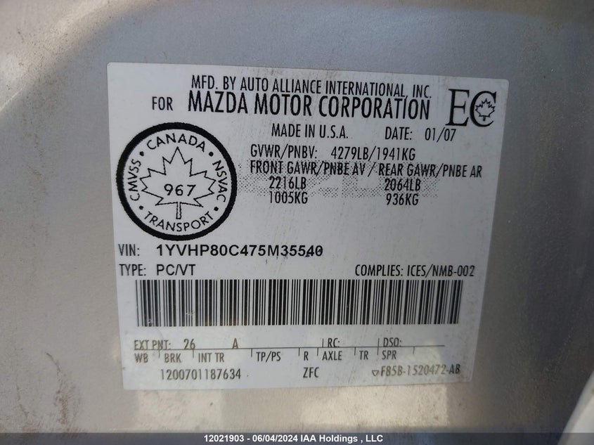 2007 Mazda 6 I VIN: 1YVHP80C475M35540 Lot: 12021903